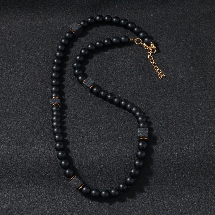 Matte Black Lava Stone Men Bracelet & Necklace Set, Vintage Frosted Beads Neutral Adjustable Jewelry Set
