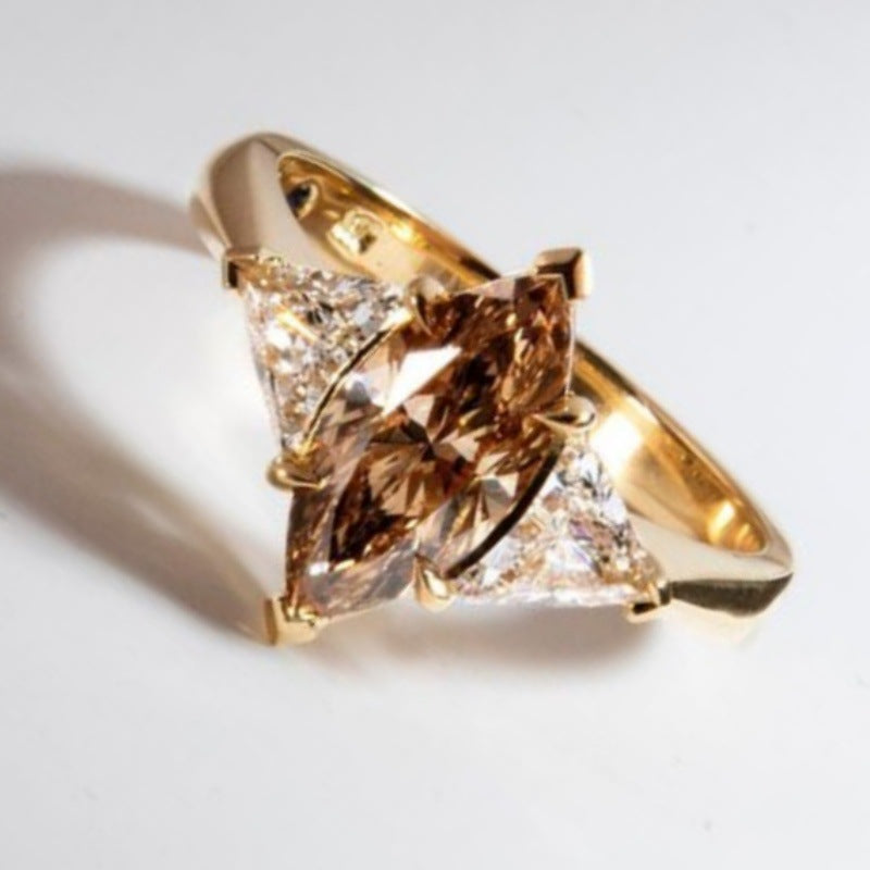 Marquise‑Cut Brown Center Diamond With Trillion‑Side‑Diamonds Gold‑Tone Engagement Ring