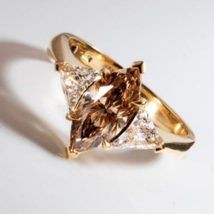 Marquise‑Cut Brown Center Diamond With Trillion‑Side‑Diamonds Gold‑Tone Engagement Ring