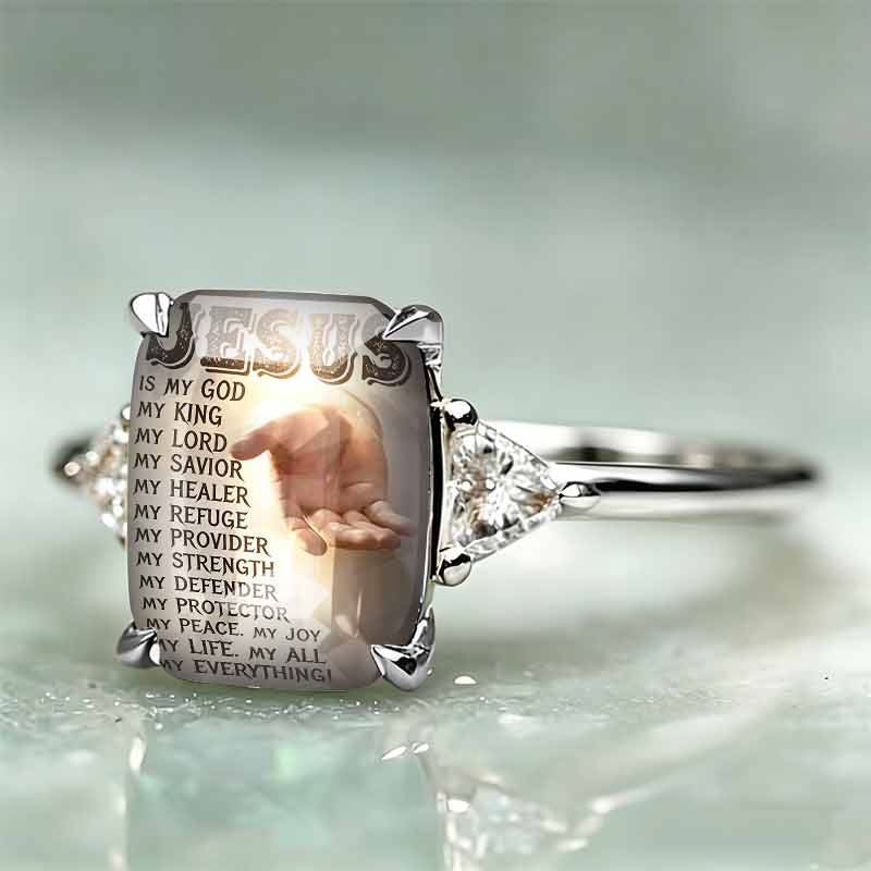 S925 Silver Faith‑Themed Printed Square Stone Ring, Two‑Tone Option Heart‑Accent Religious Ring for Women
