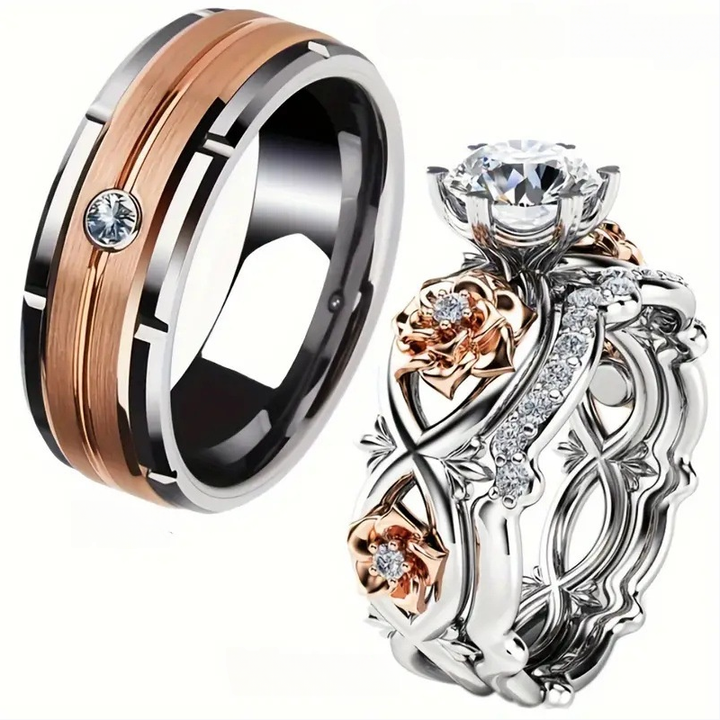 Rose Garden Couple Ring Set (Luxury Vintage Engagement Ring Set)