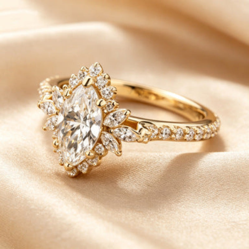Marquise Diamond Sunflower Halo S925 Silver Ring, Vintage Paved Women Engagement Ring