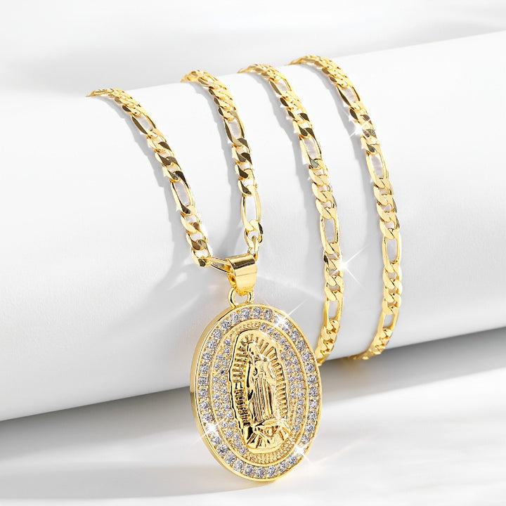 Tri-Color Faceted Bead Virgin Mary Cross Bracelet, Religious Diamond Saint Medal Jewelry, Gold Plated Rosary Bracelet for Women