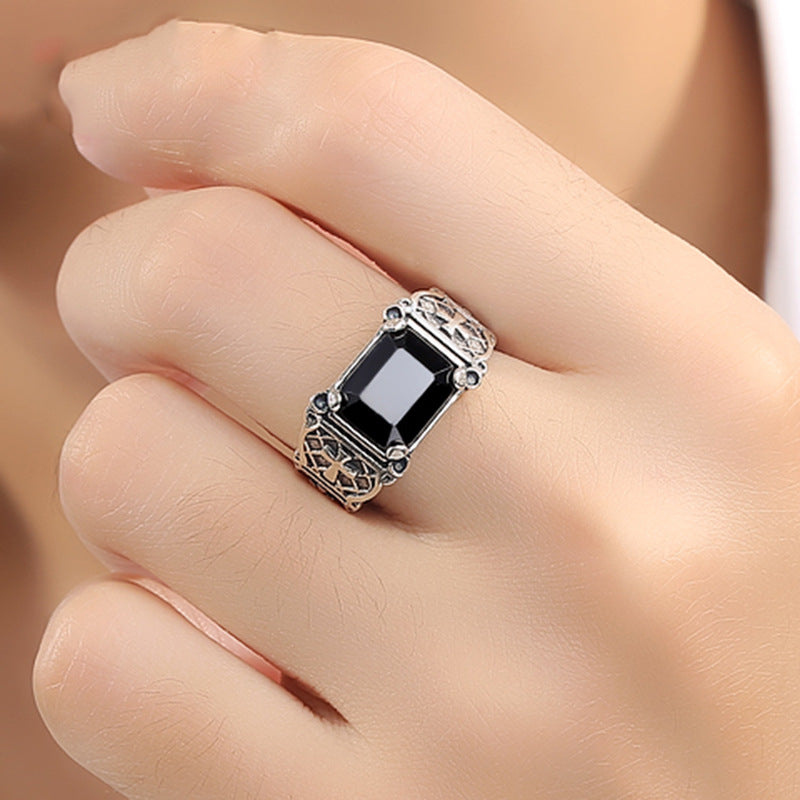Vintage Rectangular Black Gem Cross Hollow‑Out Men's Ring