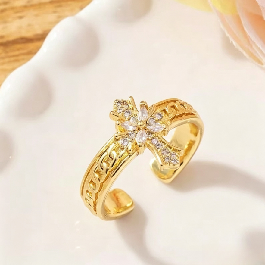 Vintage Cross Enamel 2Pcs Open Ring Set, Gold Carved Pave Diamond Stacking Bands For Women