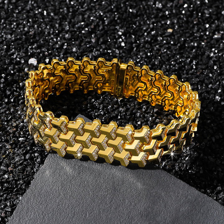 Iced Out Tank Link Wide Bracelet, Hip Hop Luxury Watch Band Style Bracelet for Men
