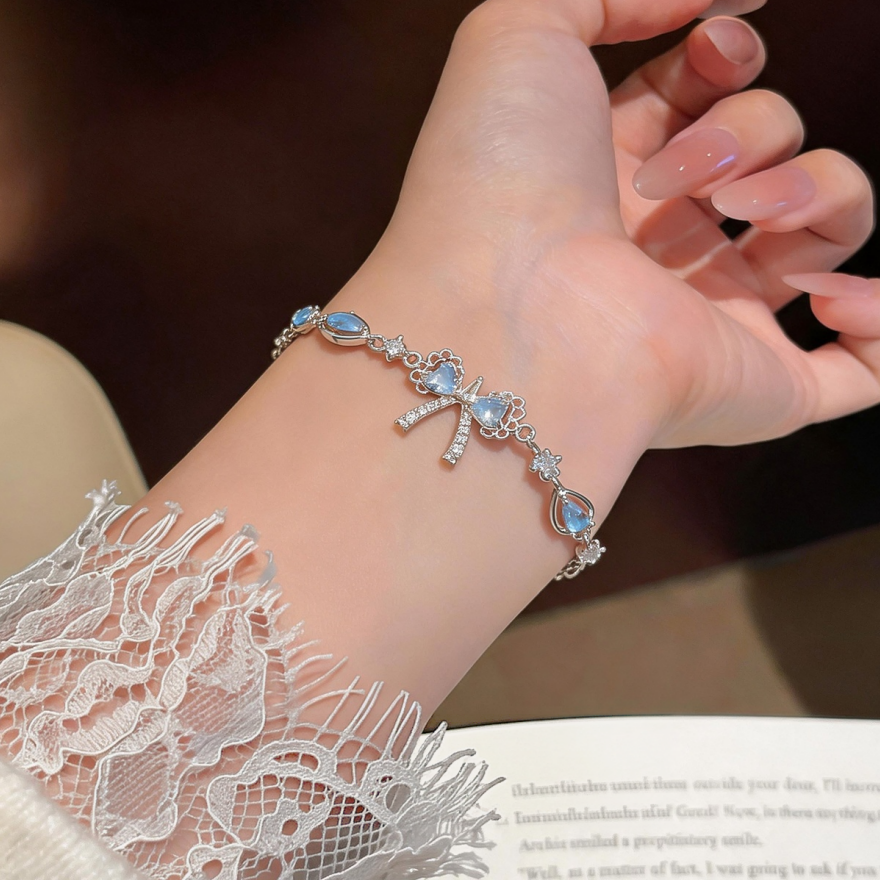 S925 Silver Blue Diamond Bow Slider Bracelet, Sweet Style Adjustable Bracelet with Teardrop Diamonds