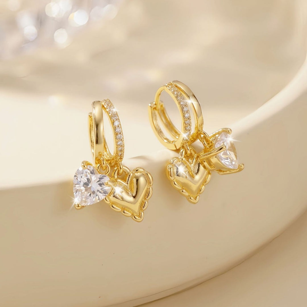 Double Heart Diamond Hoop Earrings, Luxury 3D Heart Pendant Drop Earrings, Gold Versatile Earrings