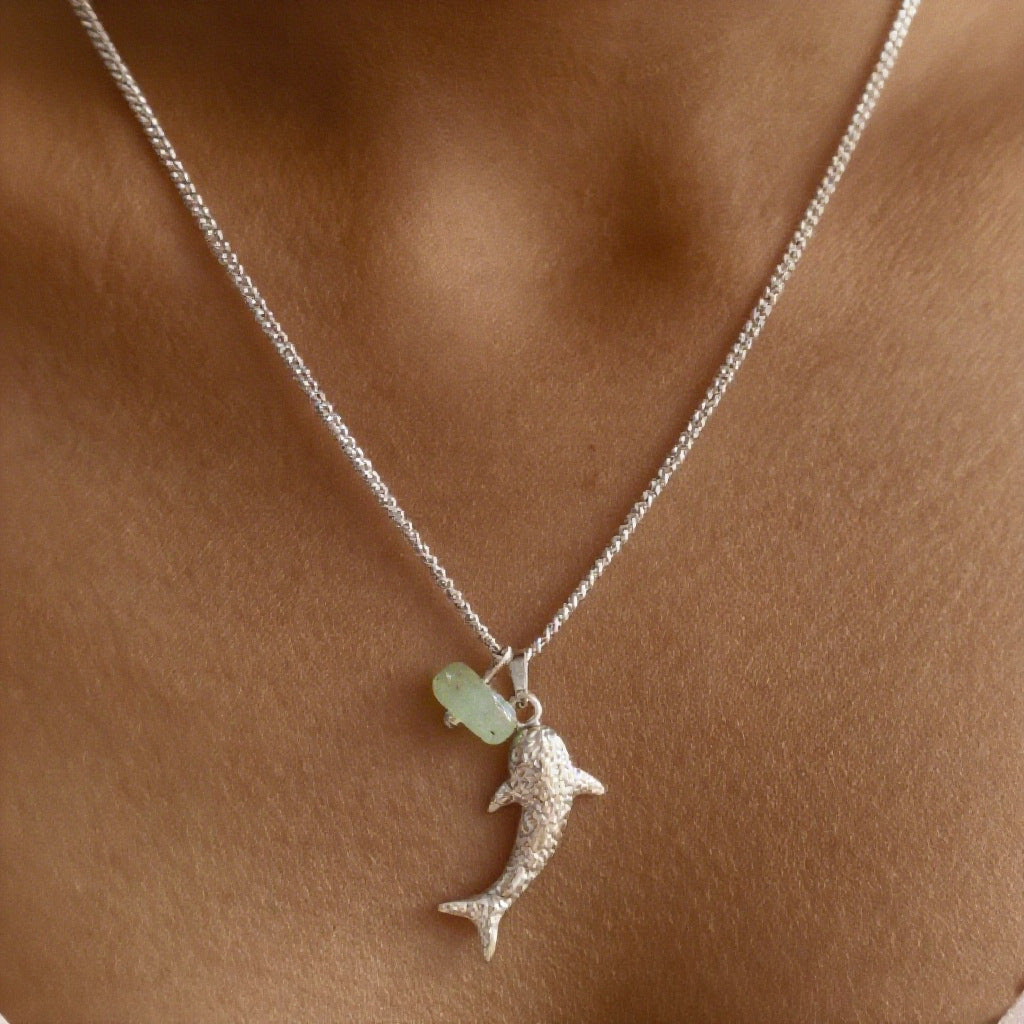 Textured Dolphin Natural Jade Collarbone Necklace, Pink Quartz & Green Aventurine, Gold & Silver Two-Tone Ocean Style Thin Chain