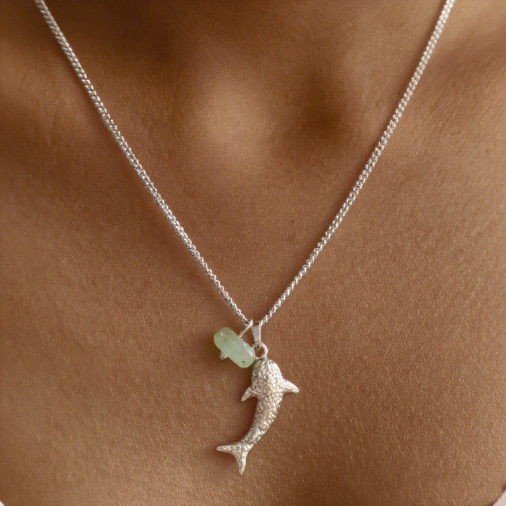 Textured Dolphin Natural Jade Collarbone Necklace, Pink Quartz & Green Aventurine, Gold & Silver Two-Tone Ocean Style Thin Chain
