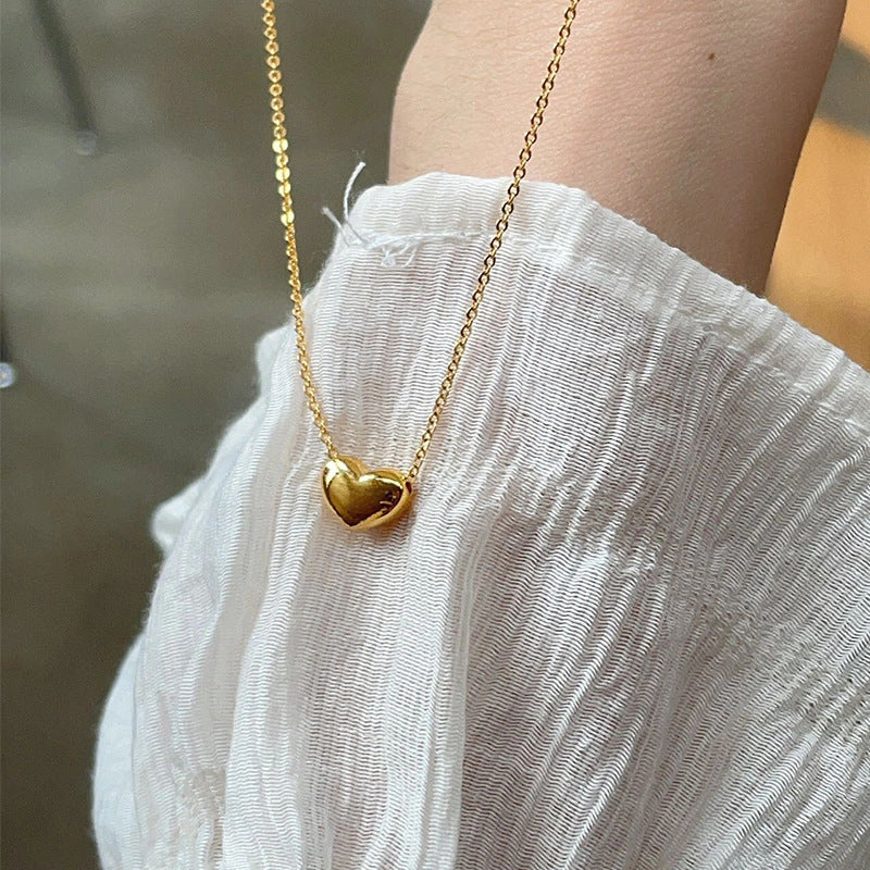 Smooth Solid Heart Necklace, Minimal 3D Heart Collarbone Chain, Classic Gold Basic Jewelry