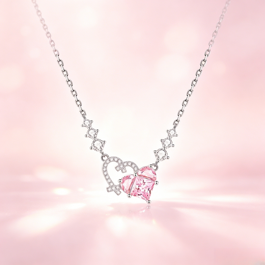 Pink Diamond Heart & Arrow Pendant Necklace (Silver Luxury Women's Chain)