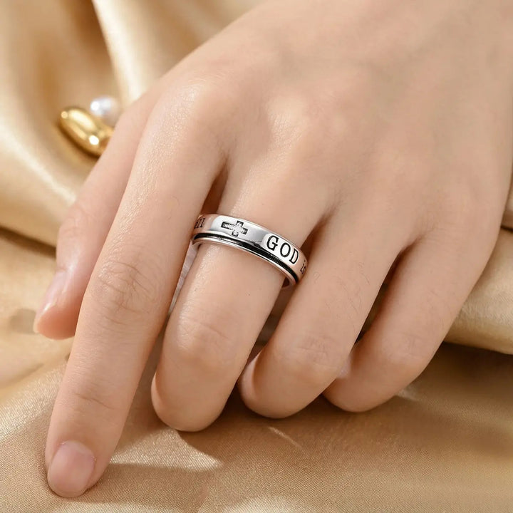 Rotatable Engraved Cross Ring, S925 Silver Inspirational Scripture Wide‑Band Faith Ring