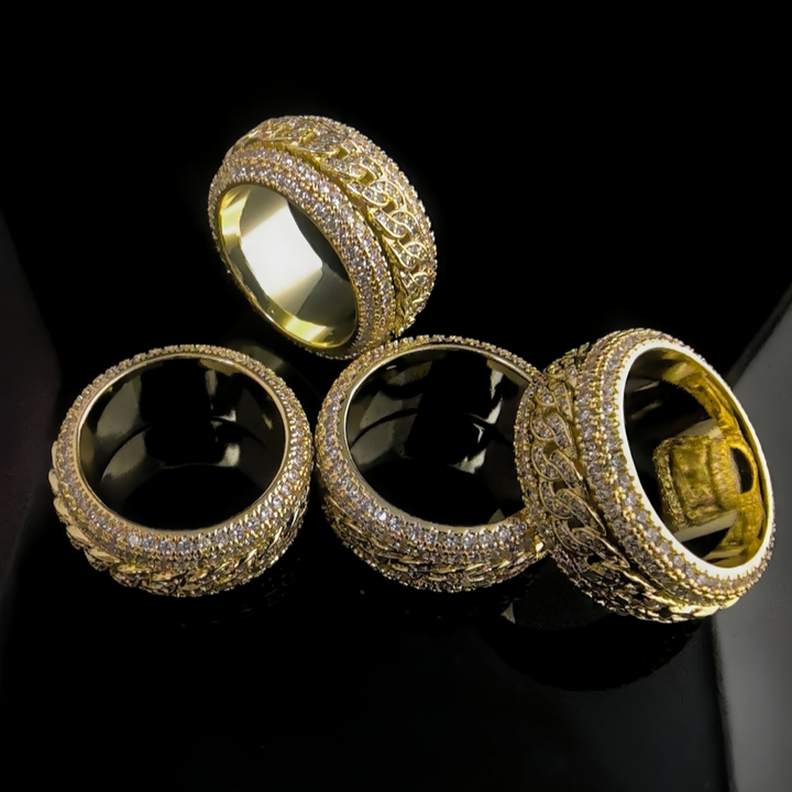 Rotatable Wide Band Ring with Twisted Chain Center & Side Paved Diamonds, Heavy Hip Hop Titanium Steel Spinner Ring Gold Silver Unisex Jewelry