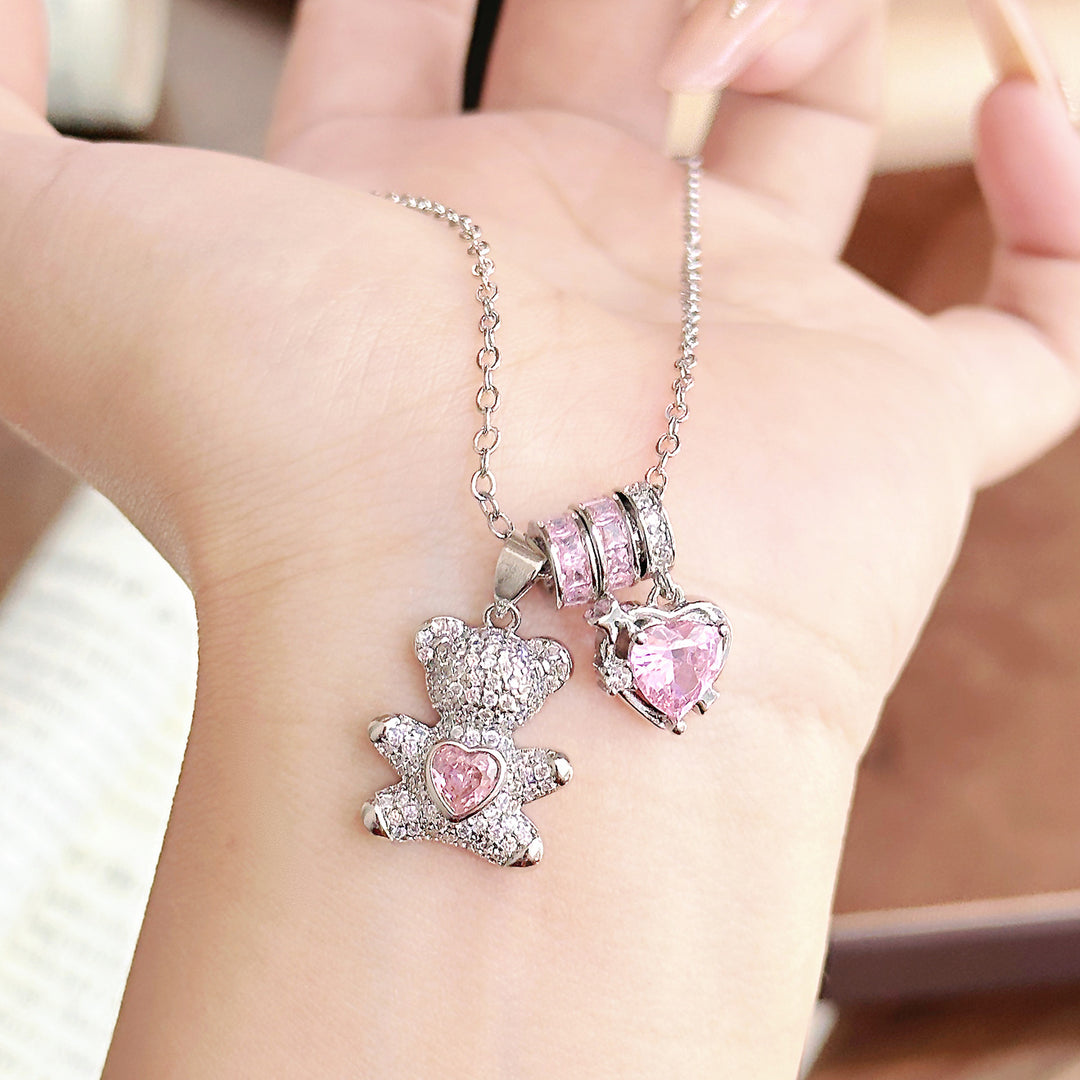 Cute Pave‑Set Bear & Heart Pendant Necklace, Gold & Silver‑Tone Options