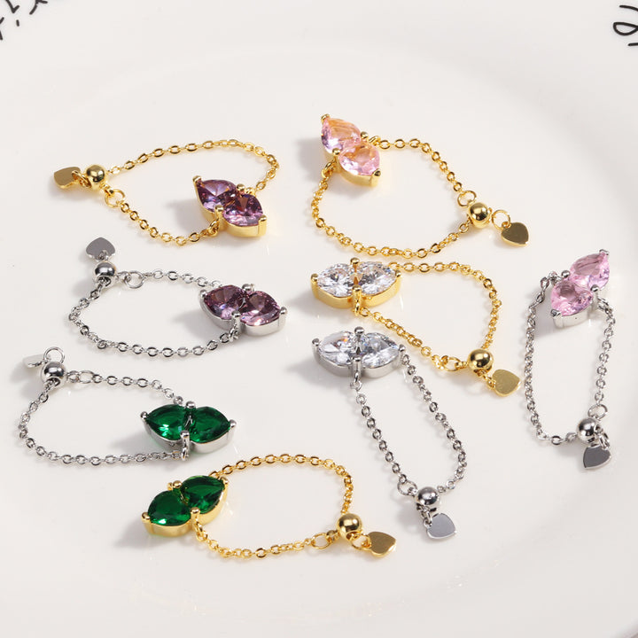 Two Hearts Joined Diamond Adjustable Chain Ring (Multi-Color Delicate Statement Band)