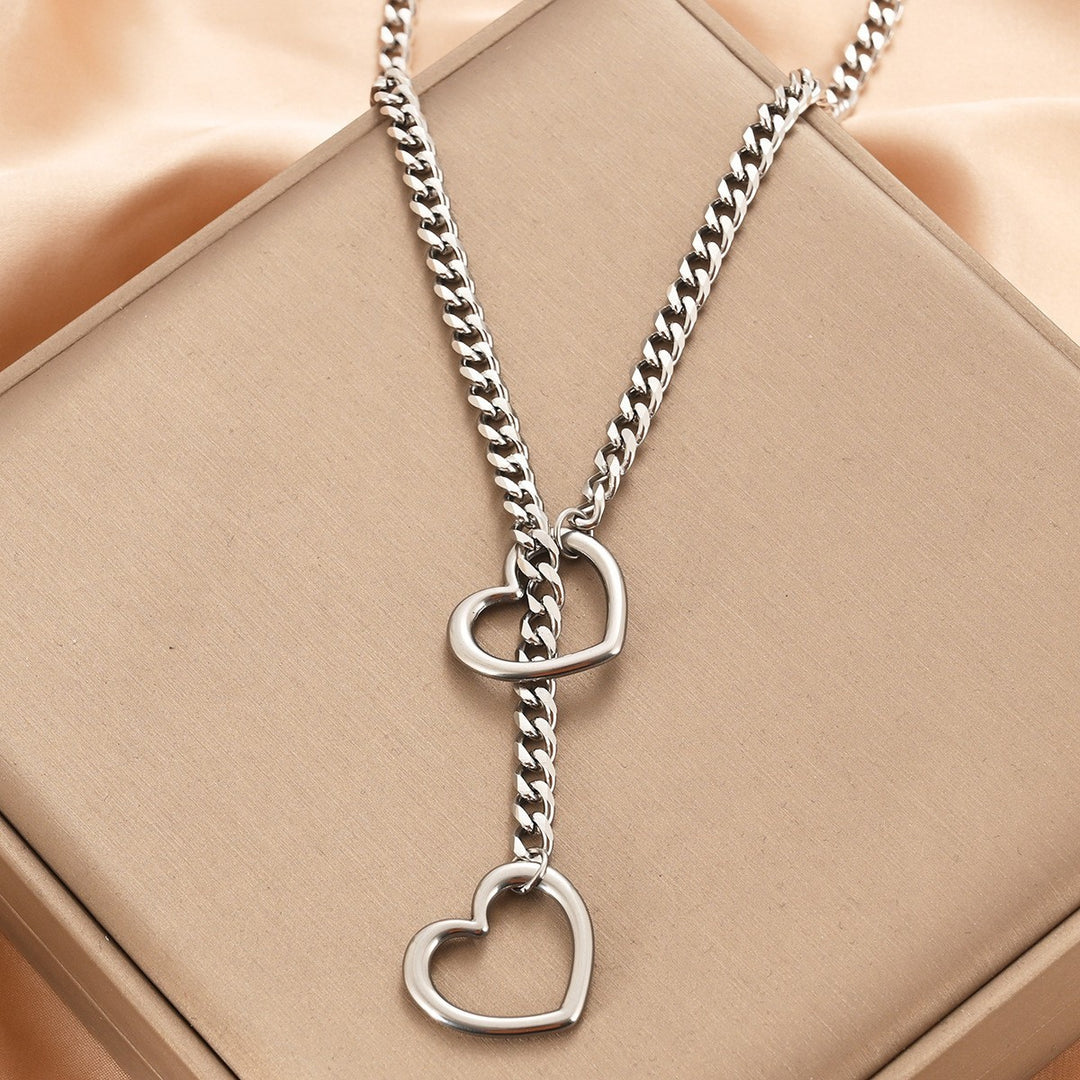 Hollow Heart Cuban Y-Slide Necklace, 4-Tone Metal Edgy Adjustable Choker