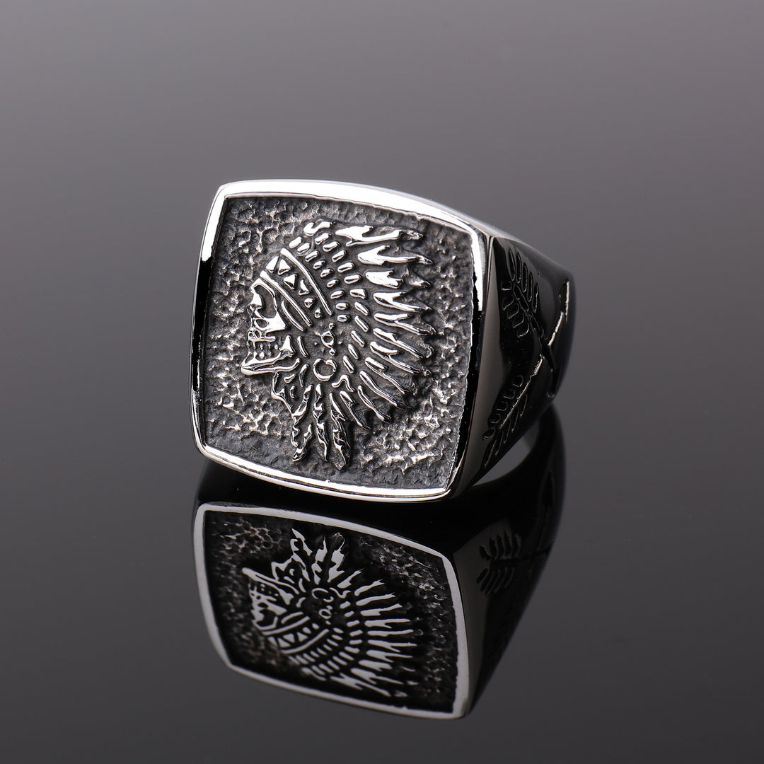Native American Chief Skull Embossed Square Wide Ring, Solid S925 Silver Antiqued Tribal Heavy Men’s Band