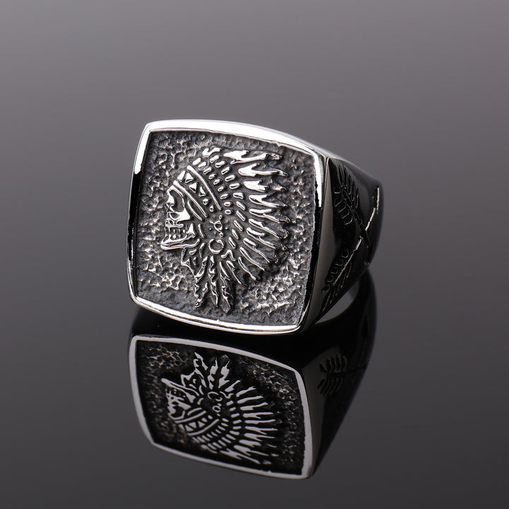 Native American Chief Skull Embossed Square Wide Ring, Solid S925 Silver Antiqued Tribal Heavy Men’s Band