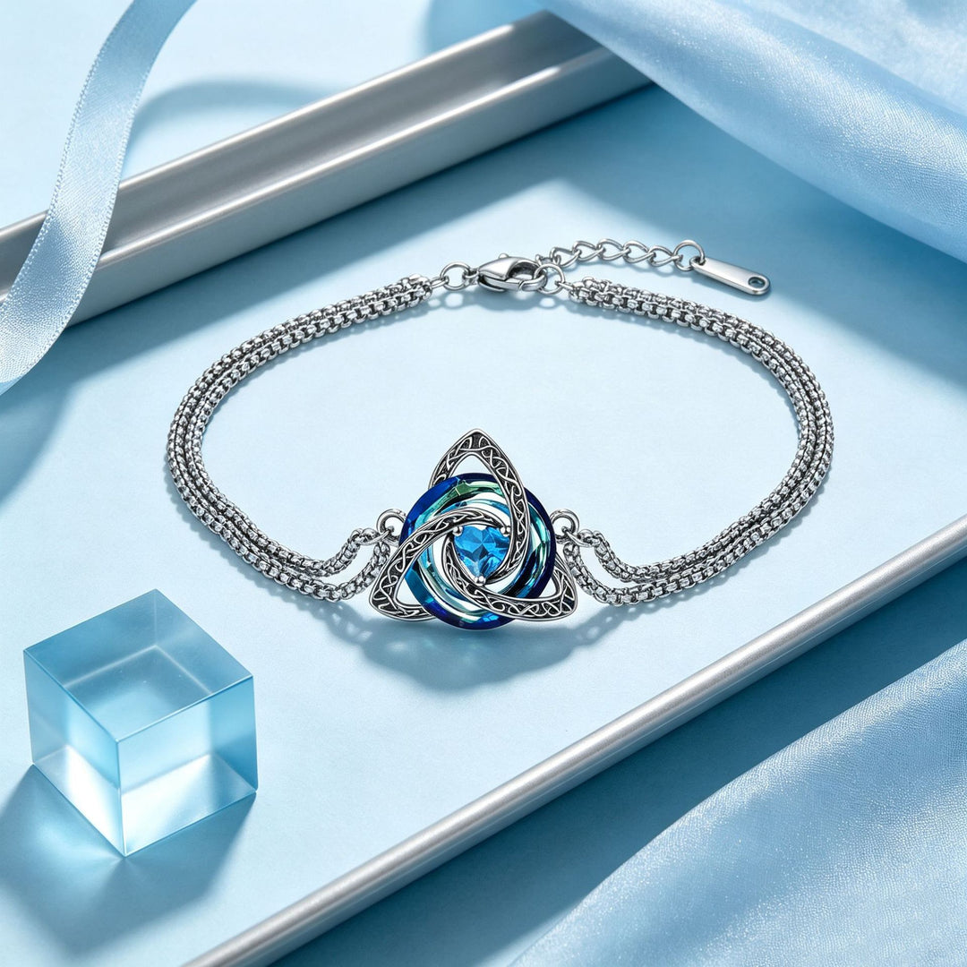 Celtic Knot 12 Birthstone Double Chain Bracelet, S925 Silver Vintage Trinity Knot Birthday Bracelet