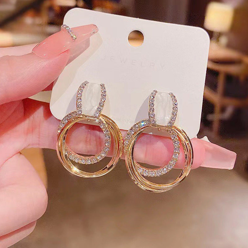 Iridescent Shell & Double Circle Pave Earrings (Light Luxury Minimalist Elegance Style)