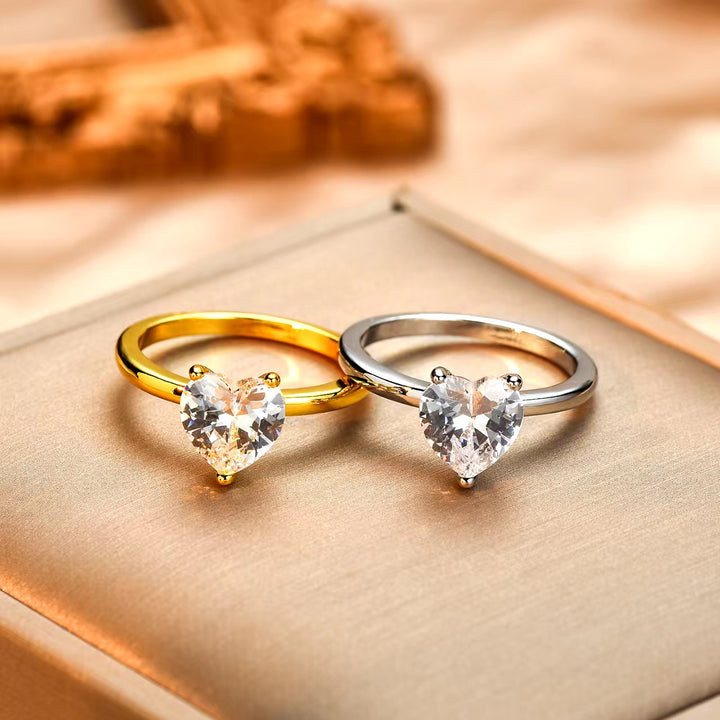 Heart Diamond Three-Prong Solitaire Ring (2 Colors Delicate Engagement Band)