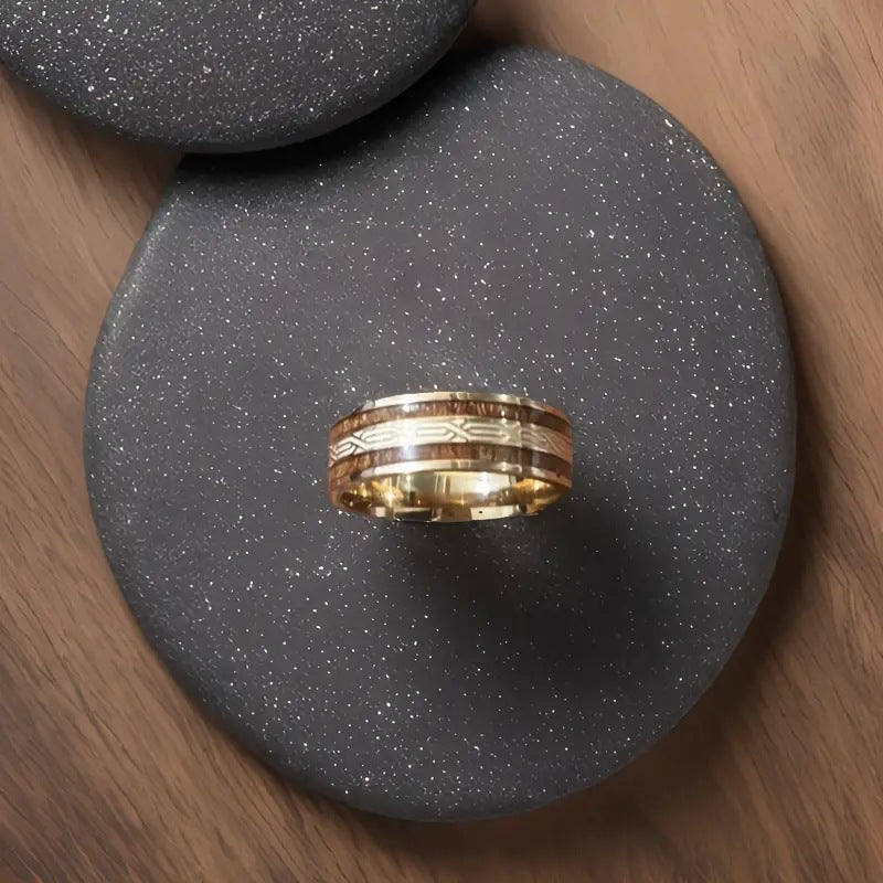 Gold‑Toned Celtic Pattern Wood Inlay Wide Band Ring For Men