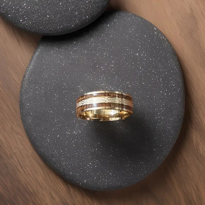 Gold‑Toned Celtic Pattern Wood Inlay Wide Band Ring For Men