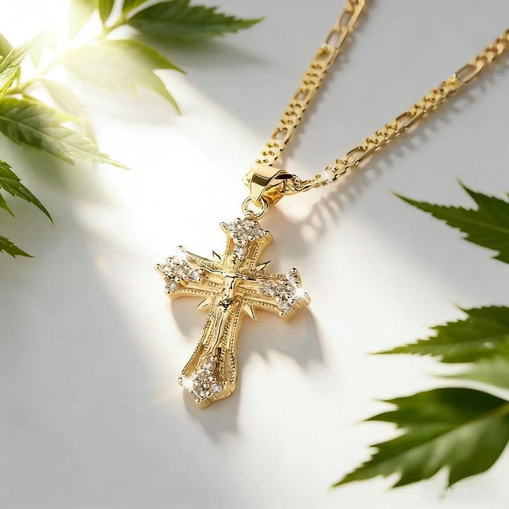 Pavé Jesus Cross Figaro Chain Necklace (Luxury Vintage Religious Choker)