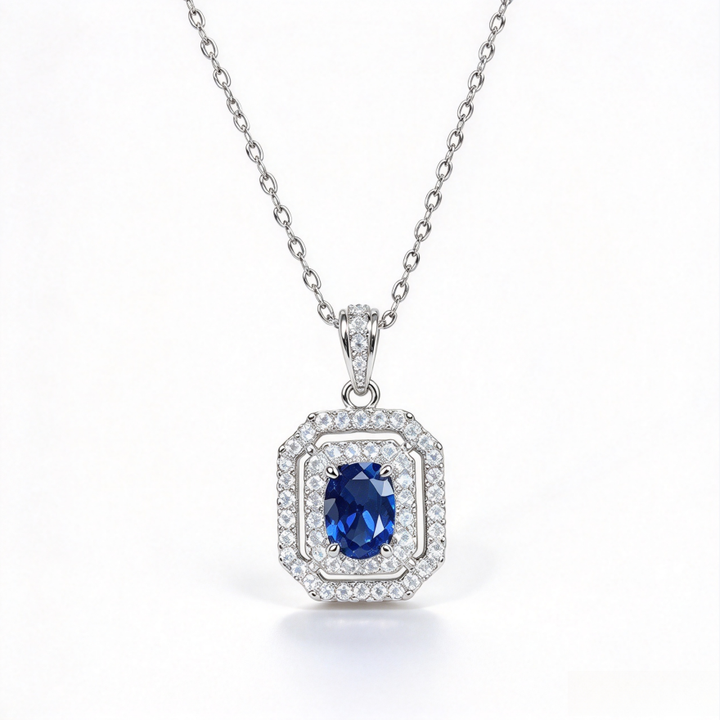 Octagonal Double Halo Gemstone Necklace