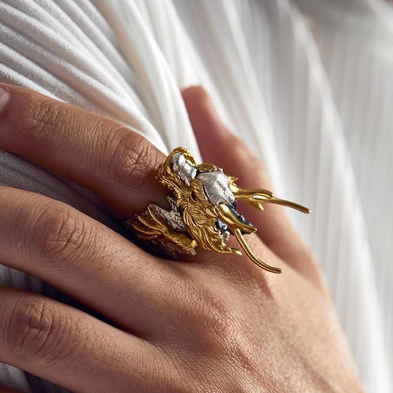 Two-Tone 3D Divine Beast Cloud Open Ring, S925 Silver Gold Plated Vintage Adjustable Wide Band For Men