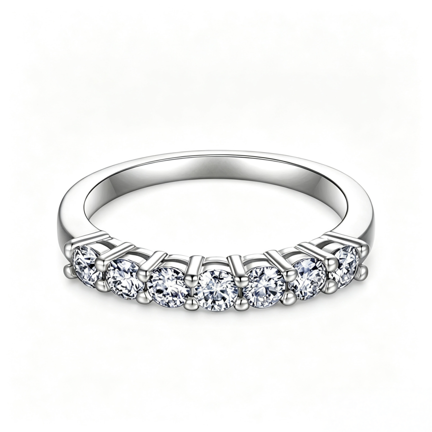 Classic Three Diamond Ring Set, 3-Stone Engagement Ring & Half Eternity Band Gold Silver Stackable Bridal Wedding Rings