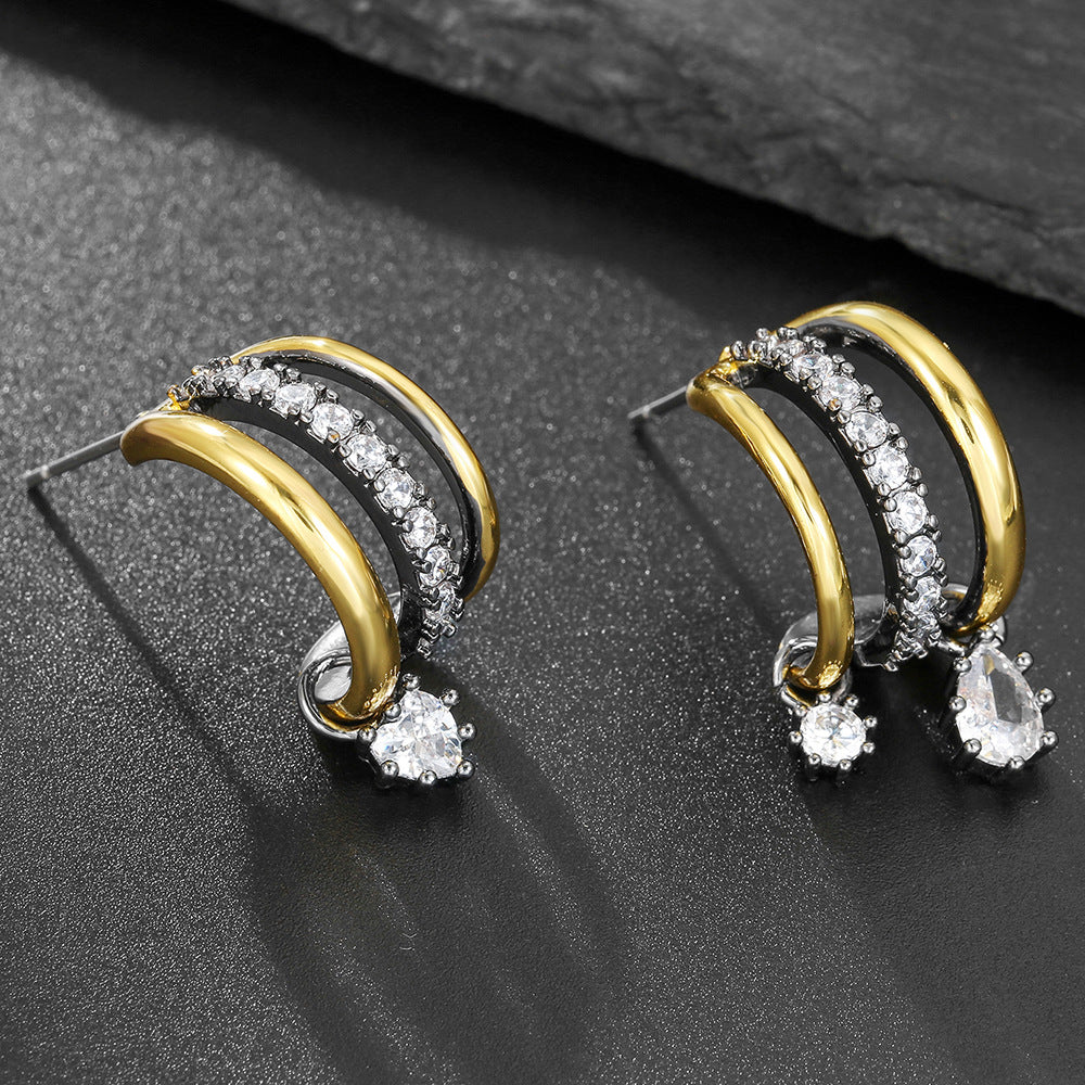 Two-Tone Triple C-Shape Diamond Drop Earrings, Vintage Gold & Gunmetal Luxury Dangle Hoops for Women