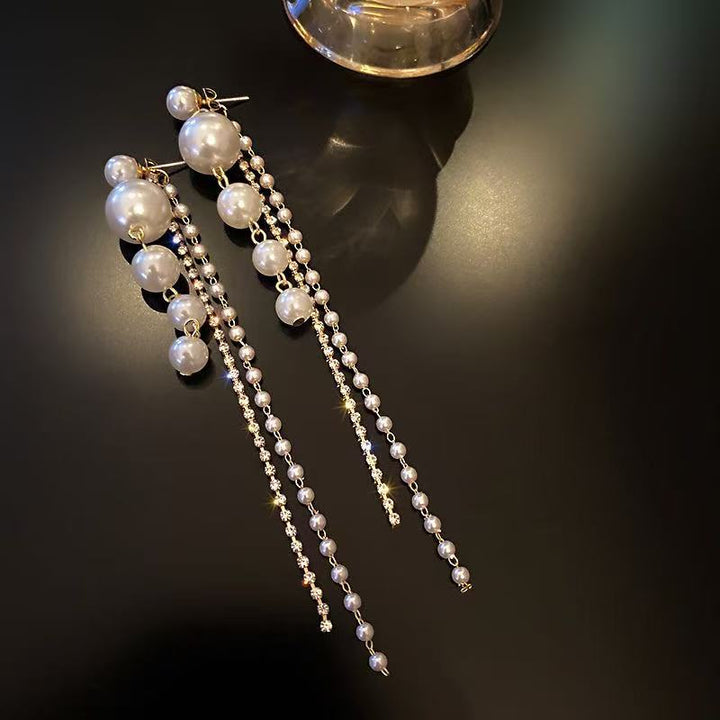 Graduated‑Pearl Long Tassel Drop Earrings, Silver & Gold Two‑Tone Options