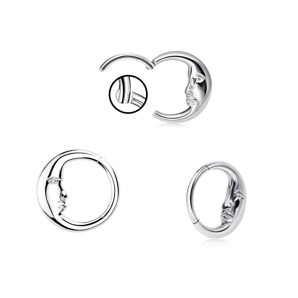 Moon Face Hoop Piercing Jewelry, European Artistic Clicker Nose Ring & Earring Sterling Silver  Body Piercing Accessory