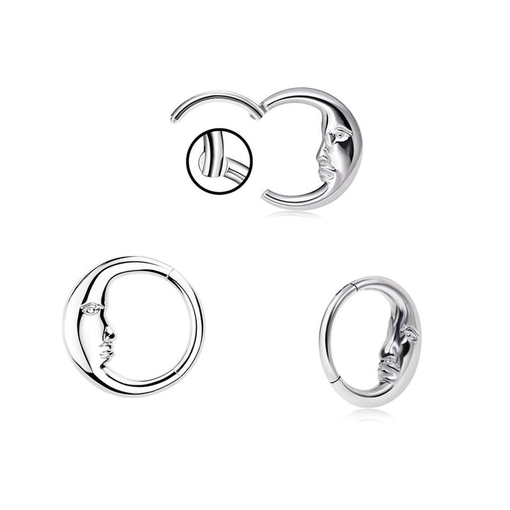 Moon Face Hoop Piercing Jewelry, European Artistic Clicker Nose Ring & Earring Sterling Silver  Body Piercing Accessory