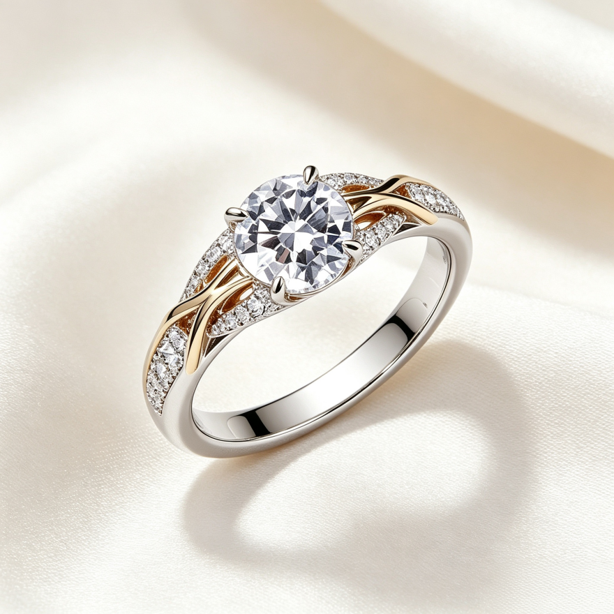 Two‑Tone Intertwined Four‑Prong Main Diamond S925 Sterling Silver Engagement Ring