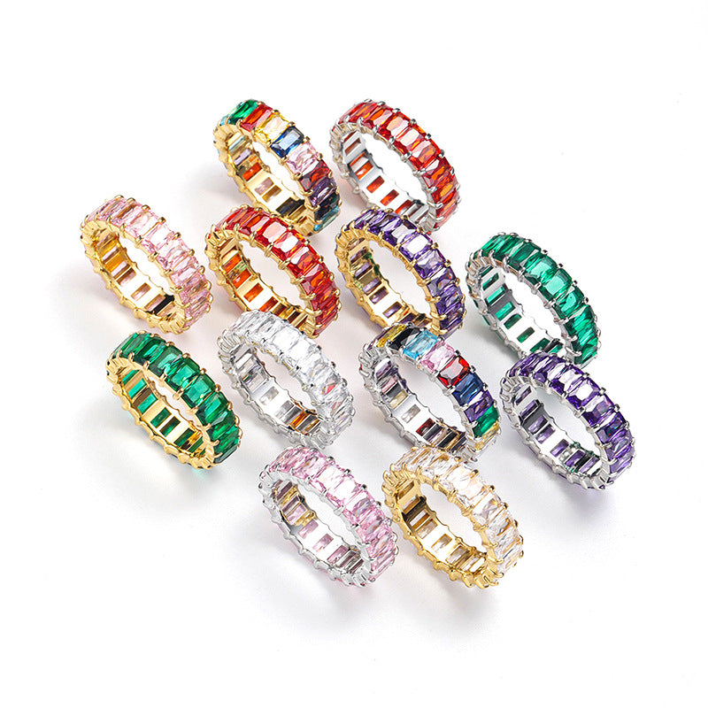 Multi-Color Baguette Diamond Full Eternity S925 Silver Ring
