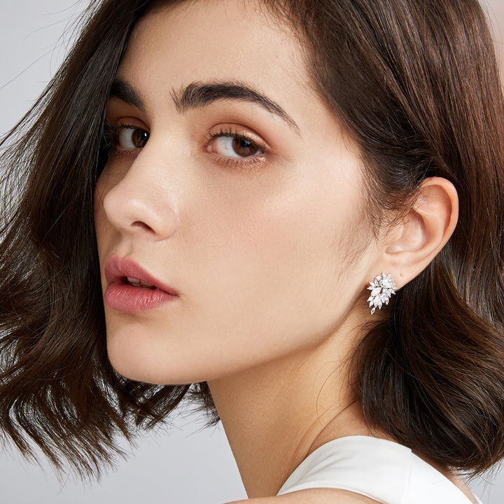 Marquise Cluster Full Diamond Stud Earrings, Luxurious Radiant Multi-cut Diamond Banquet Stud Earrings, Silver Luxury Earrings