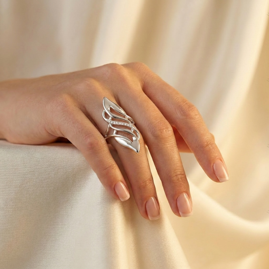 Open S925 Silver Ring With Hollow‑Out Leaf & Paved Diamonds, Luxury Leaf‑Shaped Band, Gold / Silver / Rose‑Gold Three‑Tone