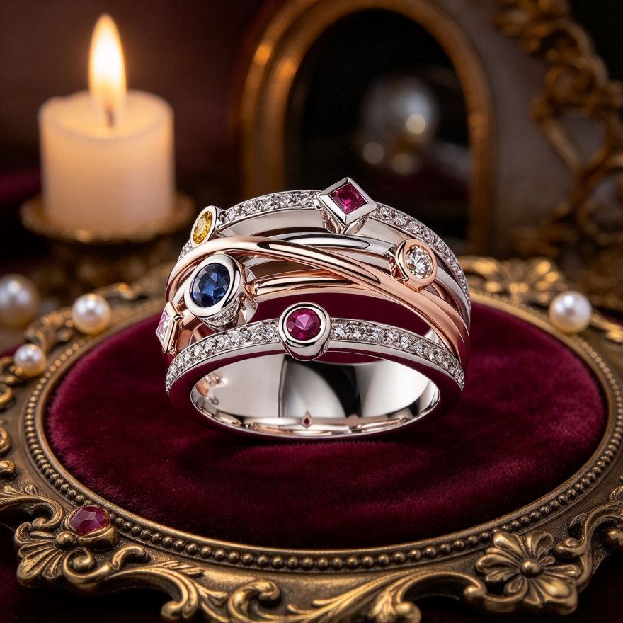 S925 Silver Two-tone Intertwined Multi-gem Wide Band Ring, Luxury Color Block Statement Ring