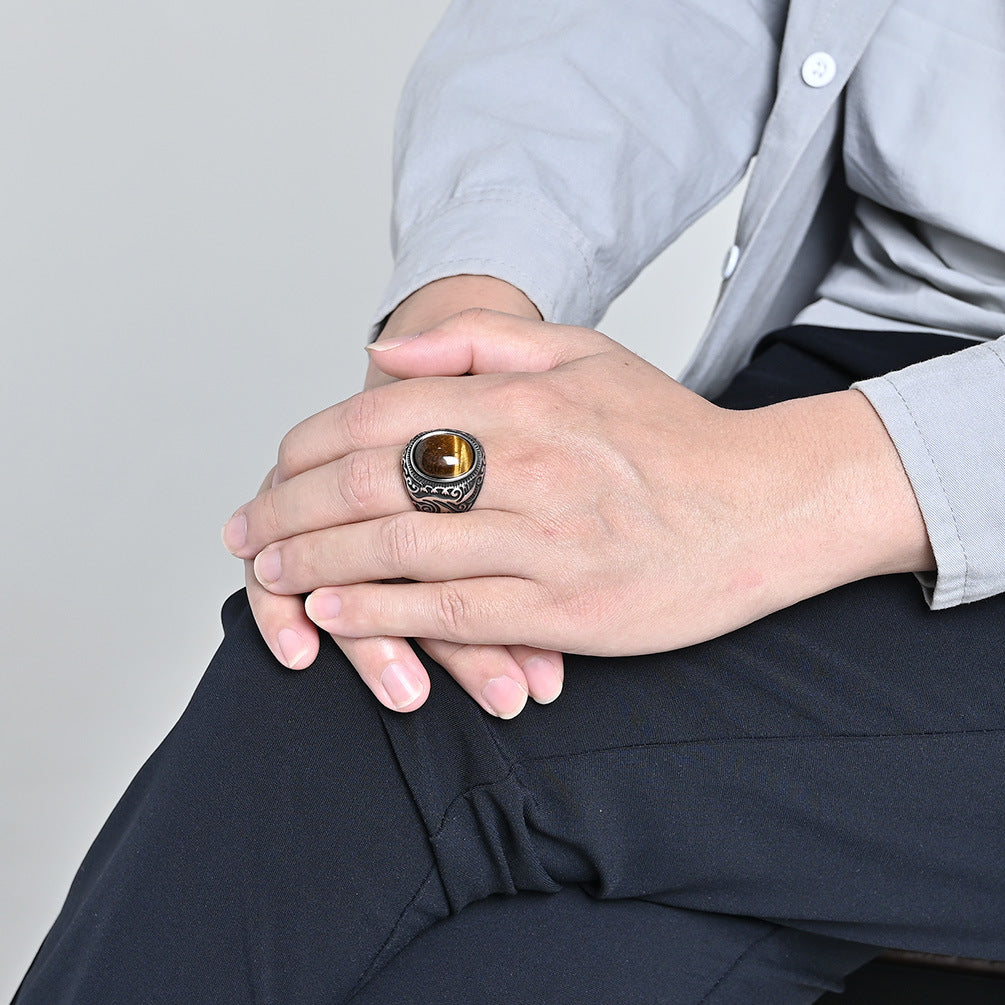Vintage Scroll Pattern Oval Gemstone Signet Ring, S925 Silver Silver & Matte Black Two Tone Men Wide Band with Tiger Eye, Howlite, Crack Stone