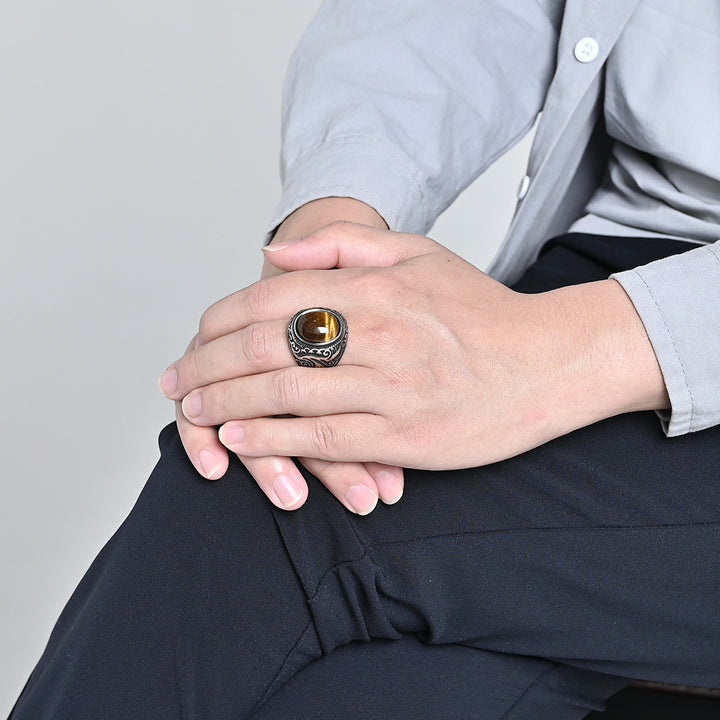 Vintage Scroll Pattern Oval Gemstone Signet Ring, S925 Silver Silver & Matte Black Two Tone Men Wide Band with Tiger Eye, Howlite, Crack Stone
