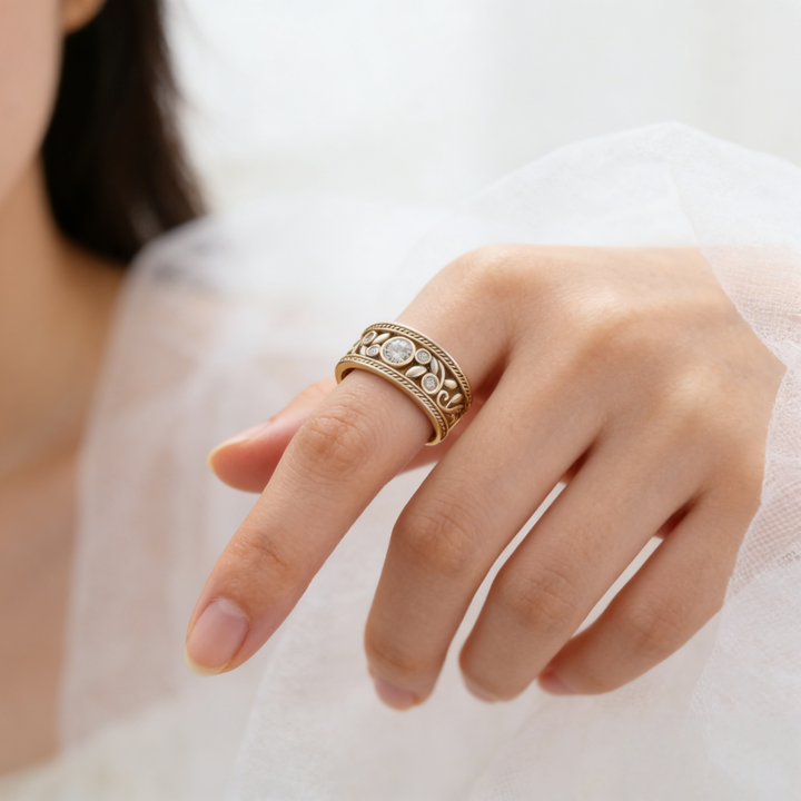 Vintage Filigree Diamond Wide Band Ring (Ornate Silver Tone Statement Ring)