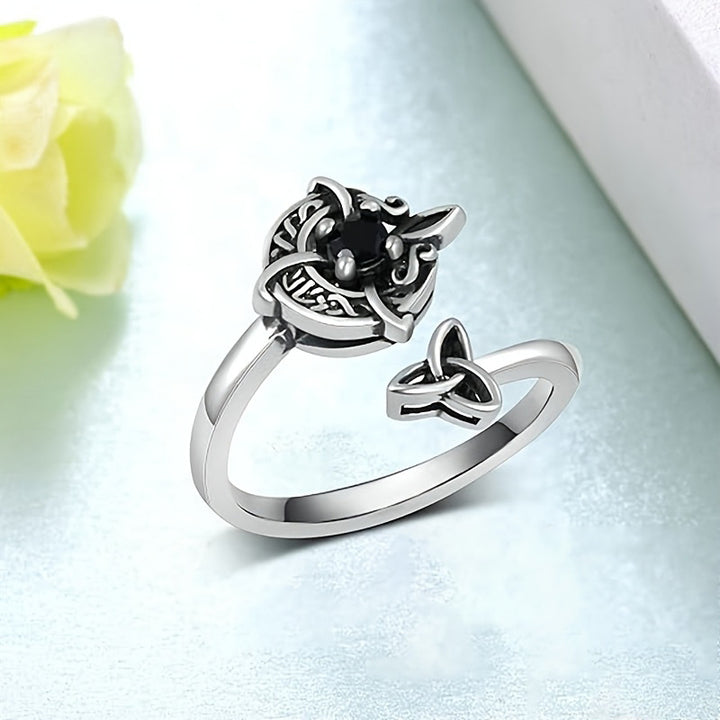 Celtic Knot Black Diamond Open Ring (Vintage Silver Tone Statement Band)