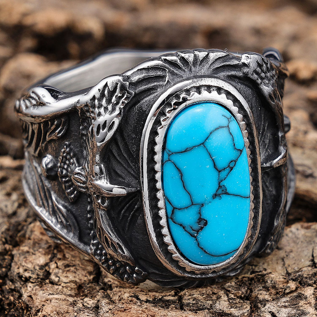 Western Style 3D Eagle Embossed Oval Gemstone Signet Ring, S925 Silver 3 Finishes Turquoise & Tiger Eye Vintage Wide Band For Men
