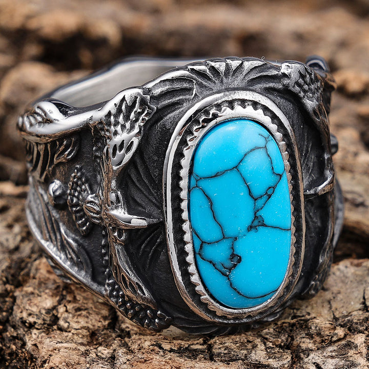 Western Style 3D Eagle Embossed Oval Gemstone Signet Ring, S925 Silver 3 Finishes Turquoise & Tiger Eye Vintage Wide Band For Men
