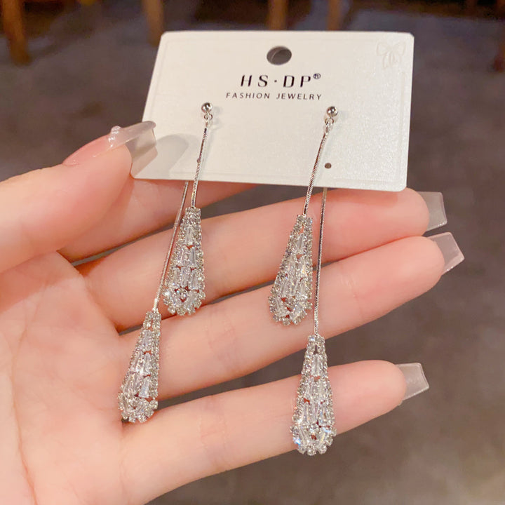 Double Layer Teardrop Full Diamond Long S925 Silver Threader Earrings, Luxury Baguette Cut Diamond Dangle Earrings, Gold & Silver Two Tones