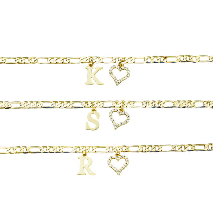 Double Layer Initial & Heart diamond Anklet (Gold Personalized Foot Jewelry)