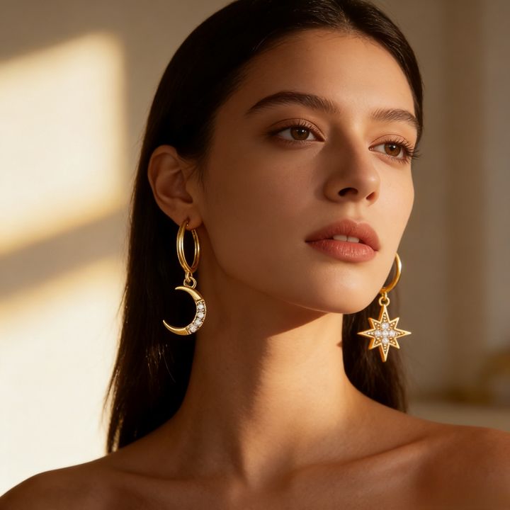 Asymmetric Moon & Star Diamond Huggie Earrings (2 Colors Delicate Dangle Hoops)